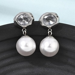 Stainless Steel Color 304 Stainless Steel Pave Clear Cubic Zirconia Stud Earrings, Oval, ABS Plastic Pearl Dangle Earrings, Stainless Steel Color, 26.5x13mm
