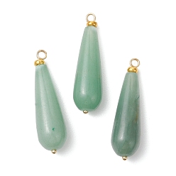 Зеленый Авантюрин Естественный зеленый авантюрин подвески, слезинки, латуни и 304 результатов из нержавеющей стали, золотые, 38x10 мм, отверстие : 2.5 мм