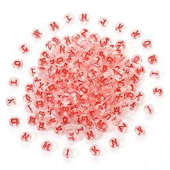 FireBrick Transparent Clear Acrylic Beads, Horizontal Hole, Flat Round with Random Letter, FireBrick, 7x4mm, Hole: 1.6mm, 200pcs/set