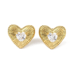 Golden Heart 304 Stainless Steel Clear Cubic Zirconia Stud Earring for Women, Golden, 19.5x22.5mm