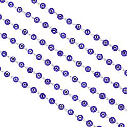 Platinum Handmade Evil Eye Lampwork Flat Round Links Chains, for Necklaces Bracelets Making, with Iron Eye Pin, Platinum, 39.3 inch, 2strand/box