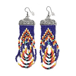 Синий Серьги-кисточки в стиле бохо, с геометрическими узорами и стеклянными бусинами, синие, 103x27 мм