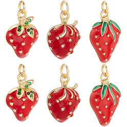 Красный 6 шт 3 стиль латунные эмалевые подвески, с целью перехода в кольце, клубничное очарование, реальный 16 k позолоченный, красные, 17~21.5x12.5~13x4.5 мм, отверстие : 3 мм, 2 шт / стиль