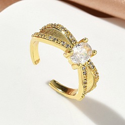 Золотой Открытые кольца манжеты из латуни с микропаве и кубическим цирконием, крест крест кольца, без кадмия и без свинца, стойки покрытие, долговечный, золотые, 7 мм, внутренний диаметр: 17 мм