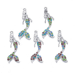 Gemischte Farbe Aluminium Anhänger & Charms, mit Strass, cadmiumfrei und bleifrei, Nixe, Platin Farbe, Gemischte Farbe, 38x9x3 mm, Bohrung: 1.6 mm