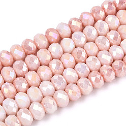 Темный Лосось Антикоррозийные гальванические стеклянные бусины рондель, имитация драгоценных камней, с покрытием AB цвета, граненые, темный лосось, 5.5~6x3.2~4 мм, отверстие : 1 мм, около 90~91 шт / нитка, 15~15.16'' (38.1~38.5 см)