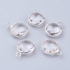 Прозрачный Серебряные плакированные латунным стеклом плоские круглые подвески, граненые, прозрачные, 12x8.5x3 мм, отверстие : 1.5 мм
