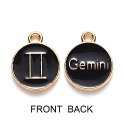 Gemini Alloy Enamel Pendants, Flat Round with Constellation, Light Gold, Black, Gemini, 15x12x2mm, Hole: 1.5mm, 100pcs/Box