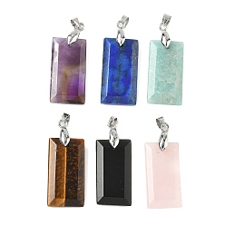 Смешанные камни Граненые подвески из натуральных смешанных камней, прямоугольные подвески с латунными дужками платинового оттенка, смешанные окрашенные и неокрашенные, 25x13x4 мм, отверстие : 5x4 мм