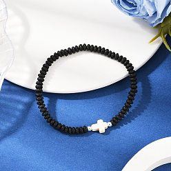 Смешанные камни Браслеты-цепочки из натуральной лавы и синтетической бирюзы с крестообразными бусинами для женщин, белые, внутренний диаметр: 2-3/8 дюйм (5.9 см)