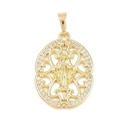 Настоящее золото 18K Религиозные латунные подвески с микропаве из прозрачного кубического циркония, без кадмия и без свинца, овал с подвесками Девы Марии, реальный 18 k позолоченный, 24x17.5x2.5 мм, отверстие : 3.5x6 мм