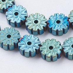 Зеленое Покрытие Pvd вакуумное покрытие гальванопокрытие немагнитные синтетические гематитовые бусины нити, матовые, класс А, снежинка, зеленый покрытием, 6x2.5~3 мм, отверстие : 1 мм, около 66 шт / нитка, 15.7 дюйм (40 см)