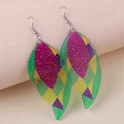 Лист Висячие серьги в богемном стиле из акриловой блестящей пудры., платина, лист, 93x33 мм