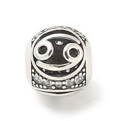 Рак Латунные прозрачные фианиты европейские бусины, бусины с большим отверстием, рондель с двенадцатью созвездиями, античное серебро, рак, 11.5 мм, отверстие : 4.5 мм