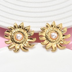 Цветок 201 из нержавеющей стали серьги, с 304 штифтом из нержавеющей стали и имитацией жемчуга из АБС-пластика, вакуумное покрытие pvd, цветок, 26x25 мм