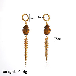 Oval 304 Stainless Steel & Natural Tiger Eye Hoop Dangle Earrings, Golden, Oval, 75mm