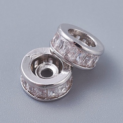Platinum Brass Beads, with Clear Cubic Zirconia, Long-Lasting Plated, Column, Platinum, 8x3.5mm, Hole: 1.6mm