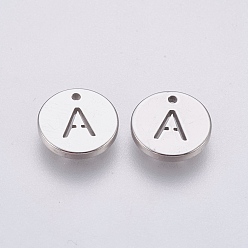 Letter A Non-Tarnish 304 Stainless Steel Charms, Flat Round with Letter, Stainless Steel Color, Letter.A, 10x1mm, Hole: 1mm
