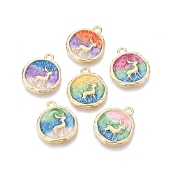 (52) Непрозрачная лаванда Подвески из эмали и сплава, плоские круглые подвески и подвески в виде оленя, золотой свет, разноцветные, 19x17x2 мм, отверстие : 1.8 мм