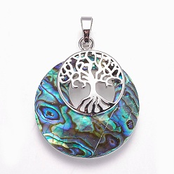 Paua Shell Natural Paua Shell Pendants, with Rhinestone and Platinum Tone Brass Findings, Flat Round with Tree of Life, 32.5~33x27.5~28x5~6mm, Hole: 5x7mm