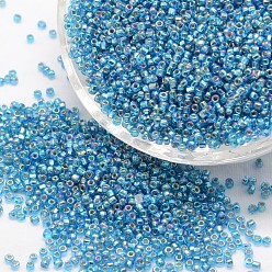 Темно-Голубой 8/0 круглые бусины из стекла семян, класс А, серебряная линия квадратное отверстие, прозрачные цвета радуги, глубокое синее небо, 2.8~3.2 мм, отверстия : 1.0 mm, около 15000 шт / фунт