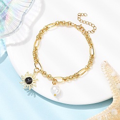 Черный Браслеты для глаз, браслеты из латунной цепочки для женщин, солнце, с оболочкой шарик перлы, чёрные, 7-3/8 дюйм (18.8 см)
