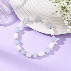 Sky Blue 8MM Round Natural White Moonstone and Column Dyed White Jade Beaded Stretch Bracelets, Golden, Sky Blue, Inner Diameter: 2.48 inch(6.3cm)