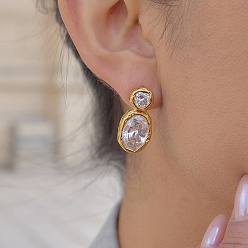 Oval 304 Серьги-гвоздики из нержавеющей стали с прозрачными кубическими циркониями, золотые, овальные, 25x13 мм