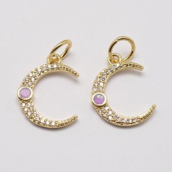 Real 18K Gold Plated Brass Cubic Zirconia Charms, with Synthetic Opal, Moon, Cadmium Free & Lead Free, Pink, Real 18K Gold Plated, 16.5x13x2mm, Hole: 4.5mm
