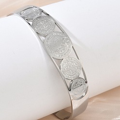Platinum Religion 201 Stainless Steel Saint Benedict Hollow Open Cuff Bangles, Tarnish Free, Platinum, Inner Diameter: 2.72 inch(6.9cm)