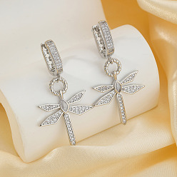 Серебро Элегантные серьги-кольца в форме стрекозы из латуни с прозрачным кубическим цирконием, серебряные, 44x24 мм