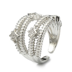 Платинированный Кольцо-манжета со звездой из прозрачного кубического циркония, кольцо из латуни с широкой полосой и открытым пальцем для женщин, без кадмия и без свинца, Реальная платина, размер США 7 1/4 (17.5 мм)