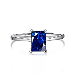 Темно-Синий Родиевое покрытие 925 регулируемые кольца из стерлингового серебра, кольцо с камнем, прямоугольник с фианитами для женщин, Реальная платина, темно-синий, 1.2 мм, размер США 7 (17.3 мм)