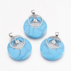 Синтетическая Бирюза Синтетические бирюзовые подвески, с латунной фурнитурой платинового цвета, плоские круглые с дерева жизни, окрашенные, 32x28x6 мм, отверстие : 4x5 мм
