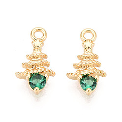 Зеленый Латунные микро проложить кубического циркония прелести, рождественская елка, долговечный, без никеля , реальный 18 k позолоченный, зелёные, 14x7x2.5 мм, отверстие : 1.4 мм
