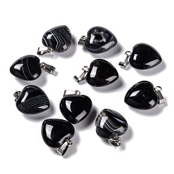 Black Agate Natural Black Agate Pendants, with Platinum Brass Loops, Puffy Heart, 18~19x15~15.5x6~8mm, Hole: 6x2.5~3mm