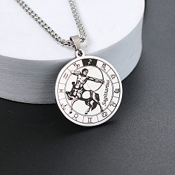 Стрелец 201 ожерелья из нержавеющей стали с цепочкой из сплава, цвет нержавеющей стали, плоский круглый узор созвездия, Стрелец, 23.62 дюйм (60 см)