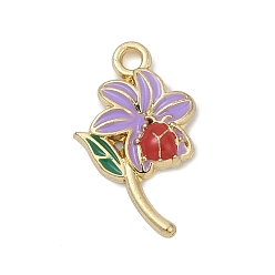 Лиловый Подвески из эмали и сплава, цветок с подвеской в виде божьей коровки, золотые, сирень, 22x12x2.5 мм, отверстие : 1.8 мм