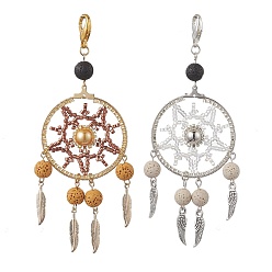 Golden & Silver Woven Web/Net with Feather Glass Seed Beads Pendant Decorations, Natural Lava Beads & Lobster Claw Clasps for Bag Ornaments, Golden & Silver, 110mm, 2pcs/set