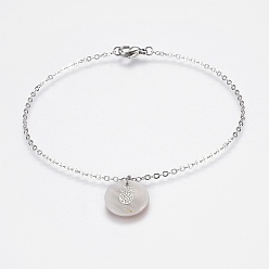Stainless Steel Color Brass Real Platinum Plated Cable Chains Charms Anklets, with 304 Stainless Steel Findings and Freshwater Shell Pendants, Flat Round with Pineapple, Stainless Steel Color, 9-7/8 inch(25cm), Pendant: 16x3mm