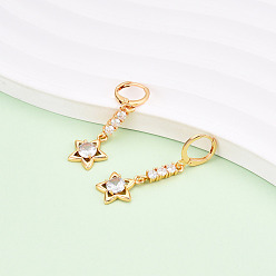 Прозрачный Серьги-гвоздики с застежкой-молнией star латунные с микропаве из кубических цирконий, долговечный, золотые, прозрачные, 42x13 мм