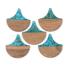 Dark Turquoise Transparent Resin & Walnut Wood Pendants, with Gold Foil, Fan, Dark Turquoise, 38x38x3mm, Hole: 2mm