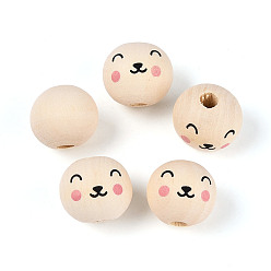 Желтая Старая Ткань  Набивные шима деревянные бусины, круглый с выражением лица, старое кружево, 18.5~19.5 мм, отверстие : 5 мм