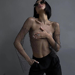 Черный Полиэстер кристалл стразы тела цепи, сетчатая футболка цепи для тела, чёрные, 500 мм