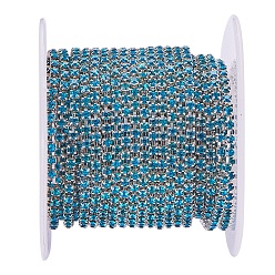 Blue Zircon Brass Rhinestone Strass Chains, with Spool, Rhinestone Cup Chain, about 2880pcs Rhinestone/bundle, Grade A, Silver Color Plated, Blue Zircon, 2mm, about 10yards/roll