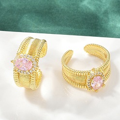 Лавандовый румянец Открытые манжеты из латуни с микропаве и цирконием для женщин, овальные, стойки покрытие, прочное покрытие, без кадмия и без свинца, лавандовый румянец, овальный : 11.5x8 mm, размер США 7 1/4 (17.5 мм)