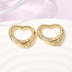 Настоящее золото 18K Латунный микро pave прозрачный кубический цирконий пружинные кольца, сердце, реальный 18 k позолоченный, 11x12x3 мм, отверстие : 5x8 мм