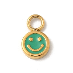 Средний Морско-зеленый Ионное покрытие (ip) 304 брелоки из нержавеющей стали с эмалью, реальный 14 k позолоченный, плоский круглый шарм с улыбающимся лицом, средний морской зеленый, 10x6x1.5 мм, отверстие : 2 мм