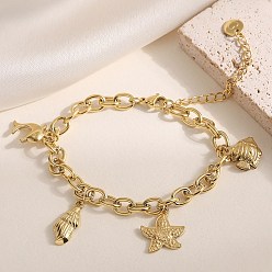 Настоящее золото 18K Браслеты с подвесками из нержавеющей стали Ocean 304, браслеты-цепочки для женщин, форма морской звезды и ракушки, дельфин и рыба, реальный 18 k позолоченный, 6-3/4 дюйм (17.2 см)