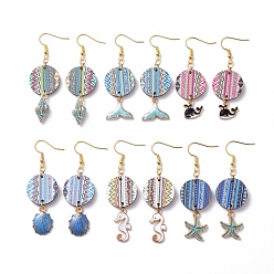 Golden Printed Basswood Dangle Earrings, with Alloy Enamel Pendants and Brass Earring Hooks, Flat Round, Mixed Color, Golden, 57~67mm, Pin: 0.6mm